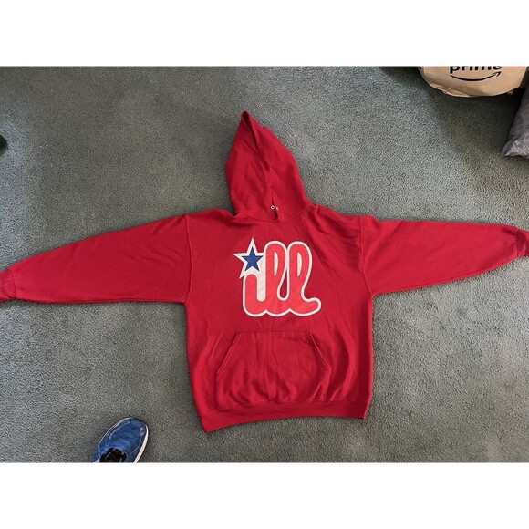 Jerzees Red Hoodie with White and Blue Design - Picture 1 of 14
